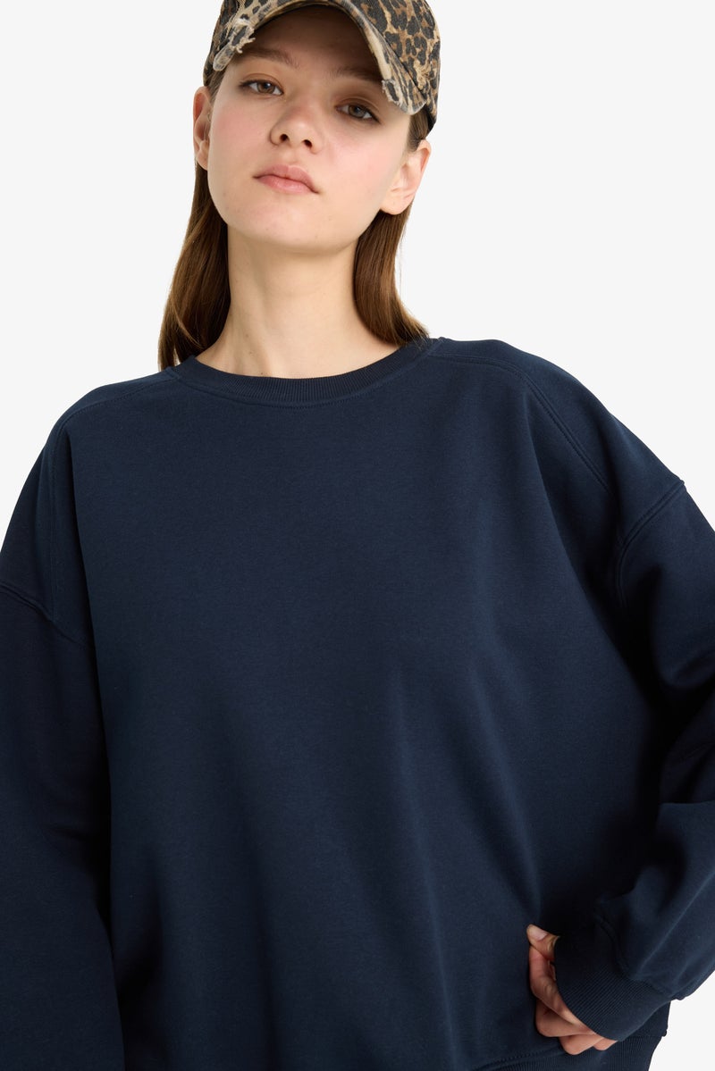 DeFacto Blue Woman Oversize Fit Crew Neck Thick Fabric Sweatshirt Casual - Image 4